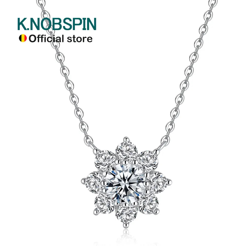 KNOBSPIN Moissanite Necklace Flower Pandent GRA Certified s925 Sterling Silver Plated 18k White Gold Fashion Necklaces for Women
