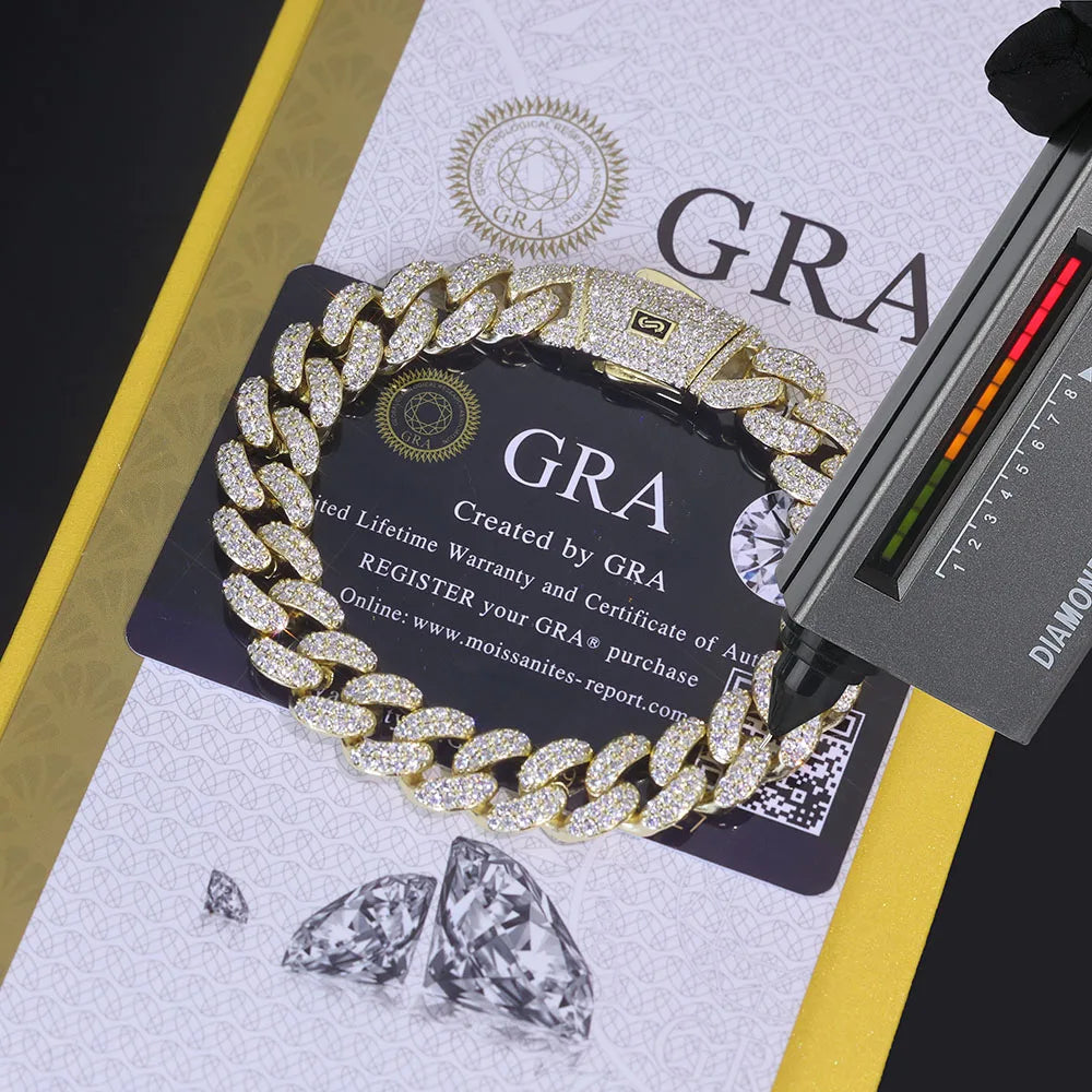 ICEBLING 12MM Moissanite Monaco Chain Women Bling Iced Out VVS 925 Silver Double Rows Cuban Link Choker Necklace Men Gift