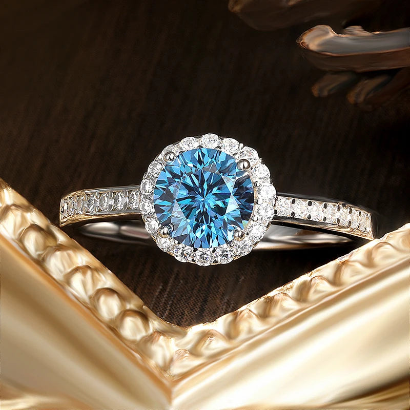 KNOBSPIN 1-5ct Blue Moissanite Ring GRA 100% s925 Sterling Silver Plated PT950 Diamond Promise Halo Engagement Rings for Women