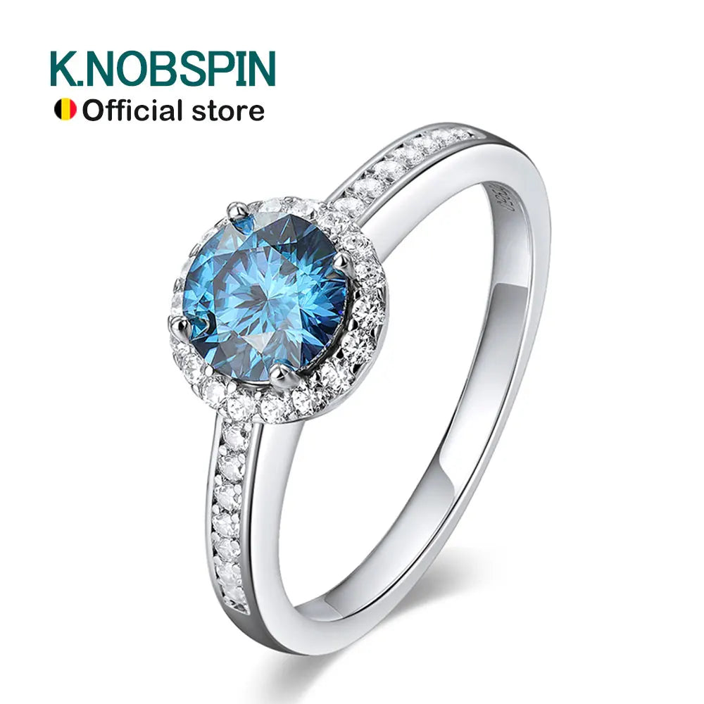 KNOBSPIN 1-5ct Blue Moissanite Ring GRA 100% s925 Sterling Silver Plated PT950 Diamond Promise Halo Engagement Rings for Women