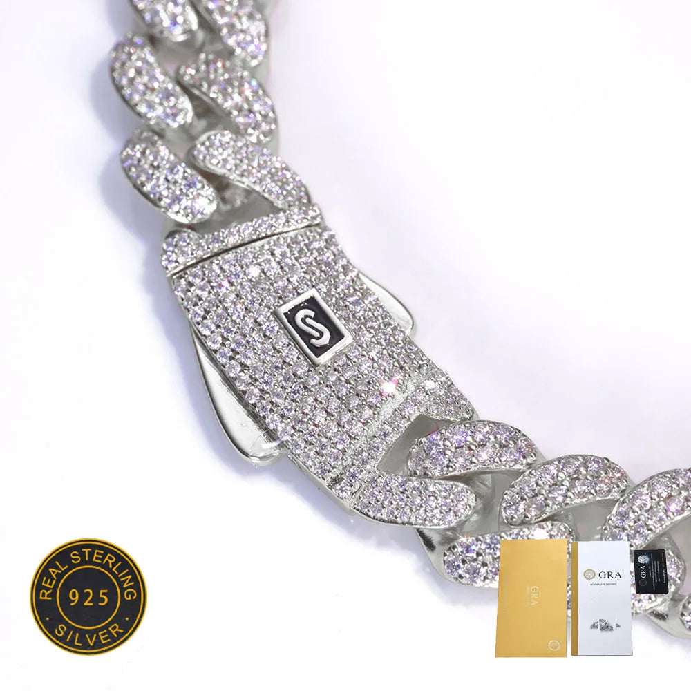 ICEBLING 12MM Moissanite Monaco Chain Women Bling Iced Out VVS 925 Silver Double Rows Cuban Link Choker Necklace Men Gift