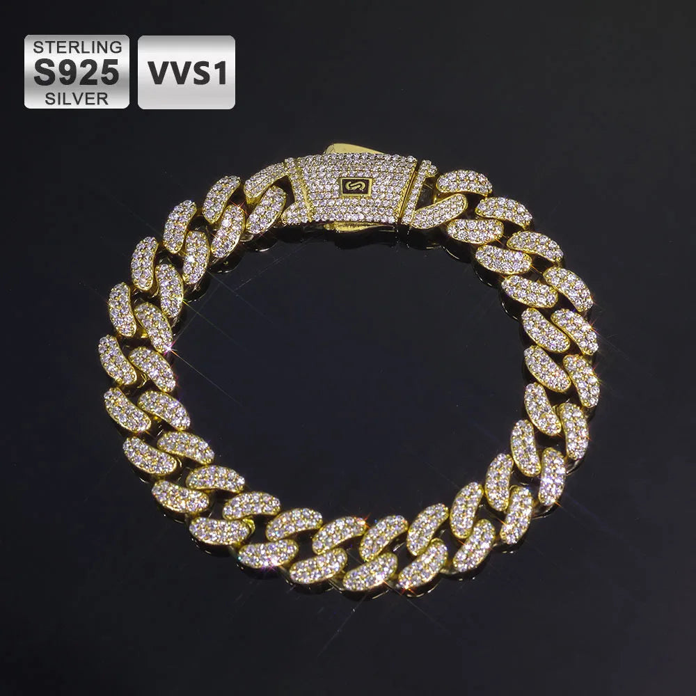 ICEBLING 12MM Moissanite Monaco Chain Women Bling Iced Out VVS 925 Silver Double Rows Cuban Link Choker Necklace Men Gift