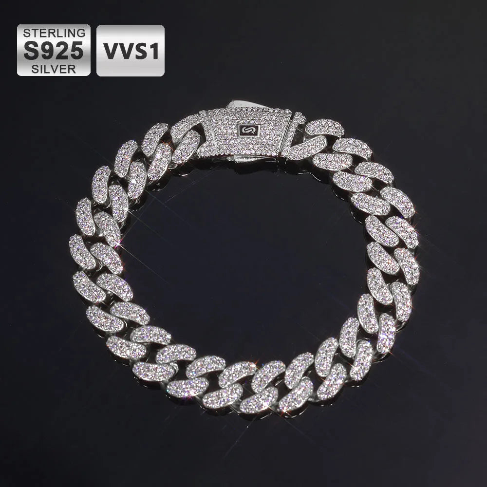 ICEBLING 12MM Moissanite Monaco Chain Women Bling Iced Out VVS 925 Silver Double Rows Cuban Link Choker Necklace Men Gift