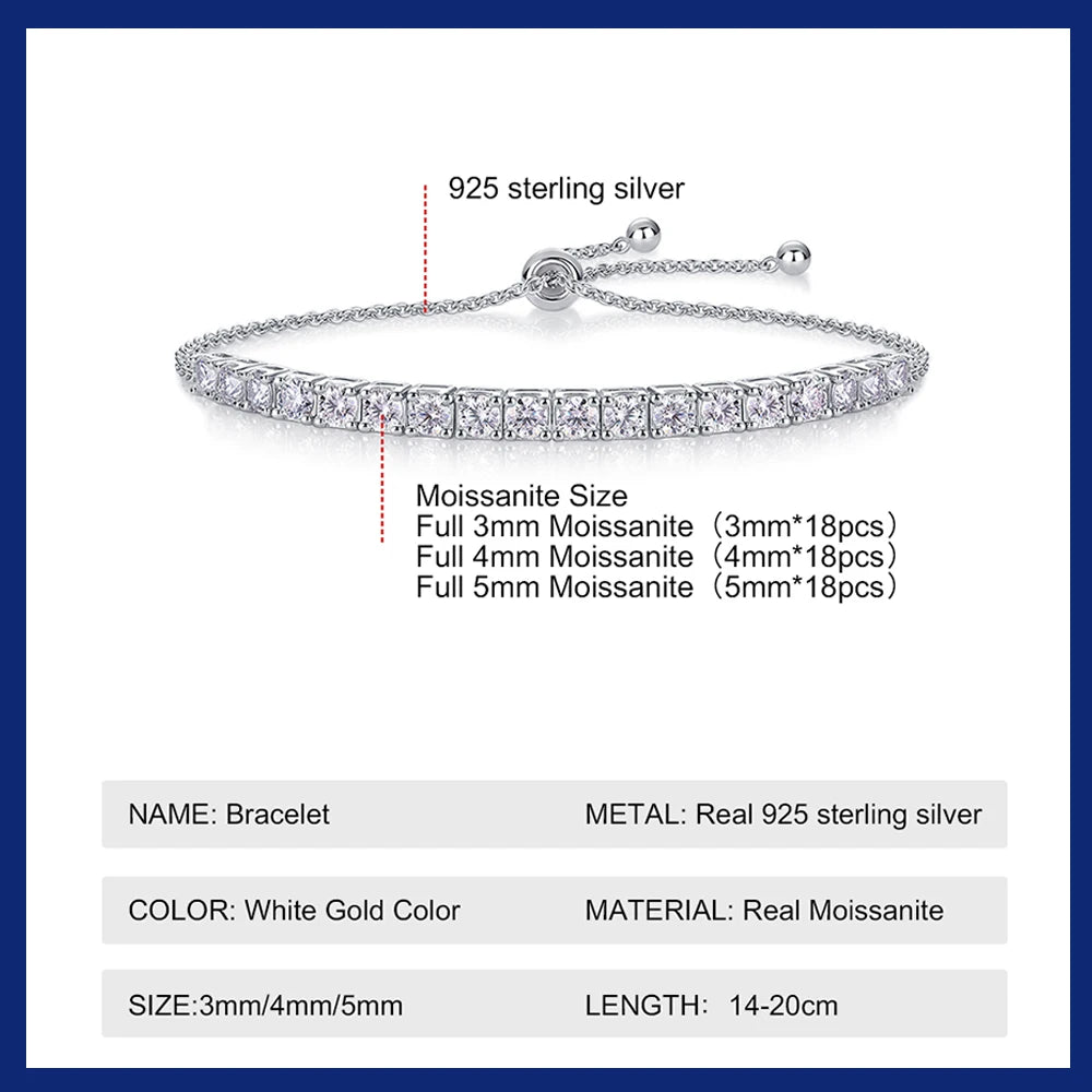 Moissanite Tennis Bracelet 1.8ct-9ct Diamond Bracelets for Women 18K White Gold Plated S925 Sterling Silver Adjustable Bracelets