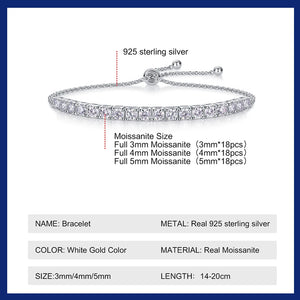 Moissanite Tennis Bracelet 1.8ct-9ct Diamond Bracelets for Women 18K White Gold Plated S925 Sterling Silver Adjustable Bracelets