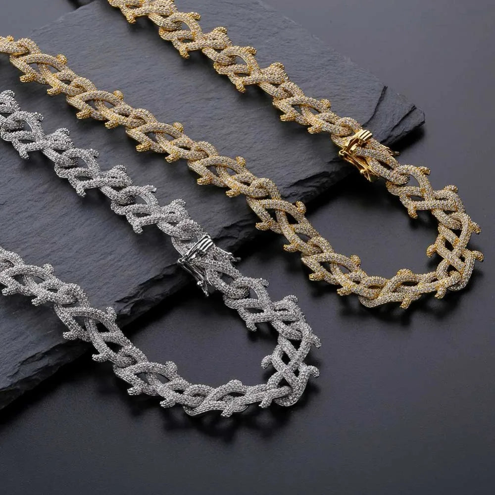 GUCY New Hip Hop Thorn Cuban Chain Necklace Micro Pave CZ Stones All Iced Out  Available Necklaces for Men Gifts