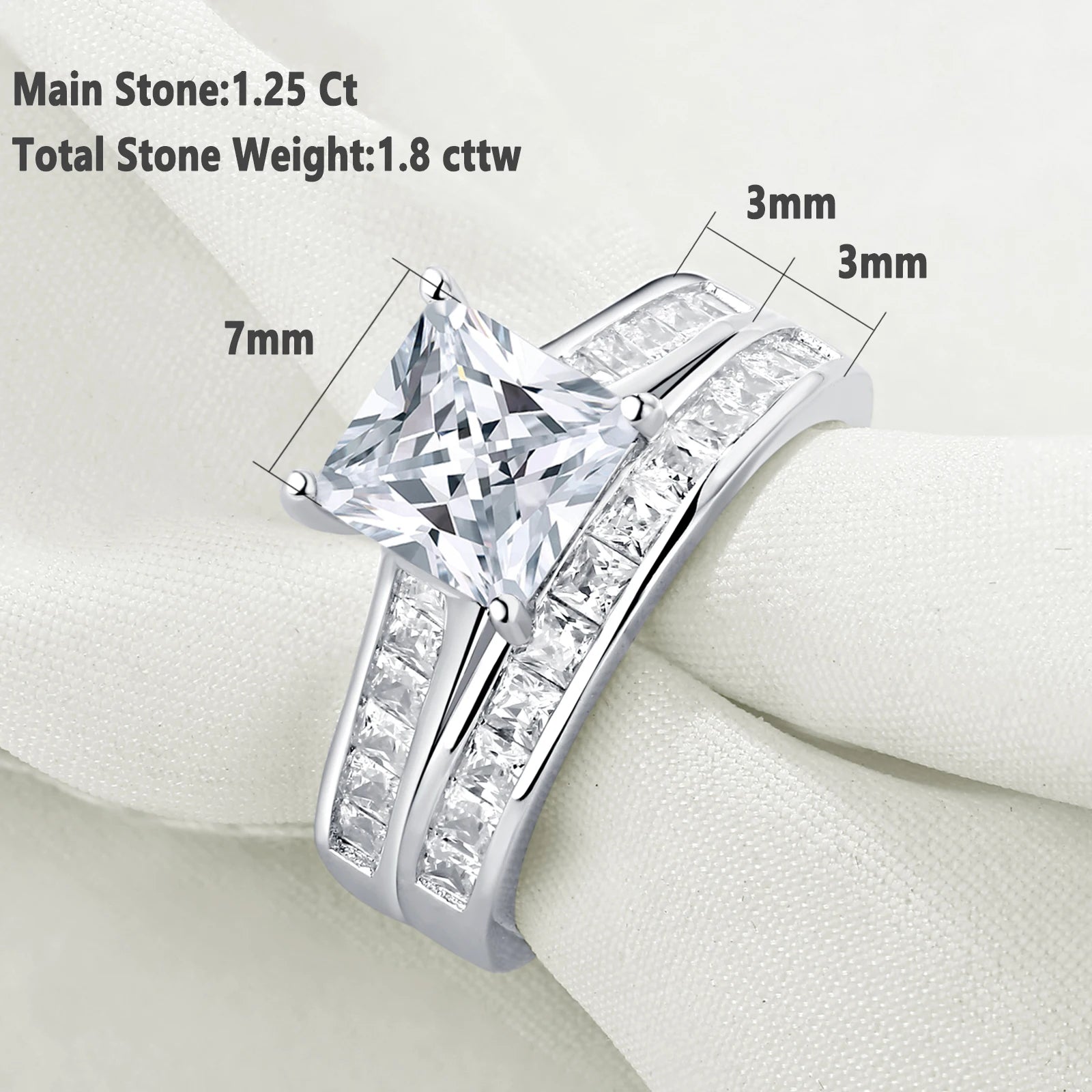 Newshe 2 Pieces Classic Wedding Rings Set for Women 7*7mm Princess Cut AAAAA Zircon 925 Sterling Silver Engagement Ring Jewelry