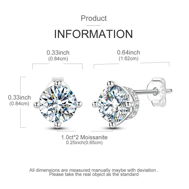 Moissanite Stud Earrings 100% Real 925 Sterling Silver Six Claw Earrings for Women Lady Girls Sparkling Classic Wedding Earring