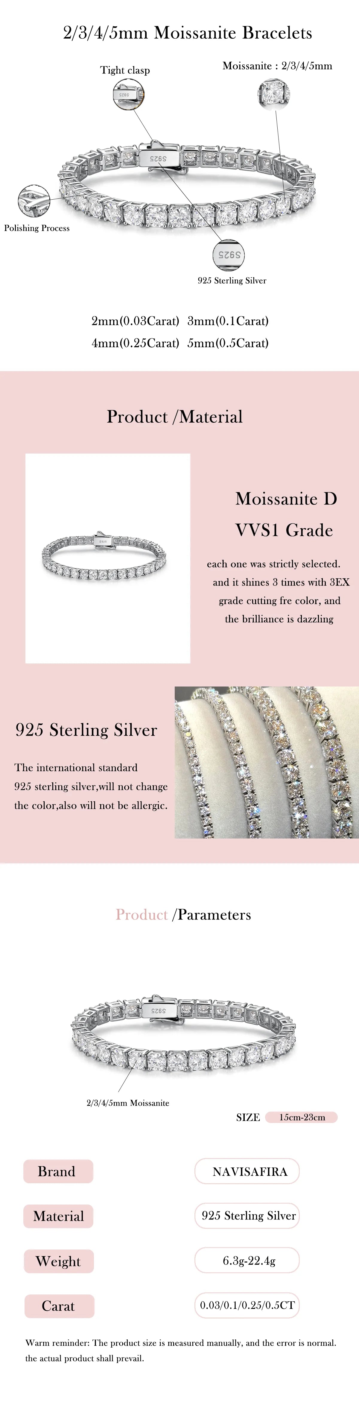 Moissanite Tennis Bracelet for Women 925 Sterling Silver Round Cut 2mm 3mm 4mm 5mm Size Options Elegant Fine Jewelry Gift