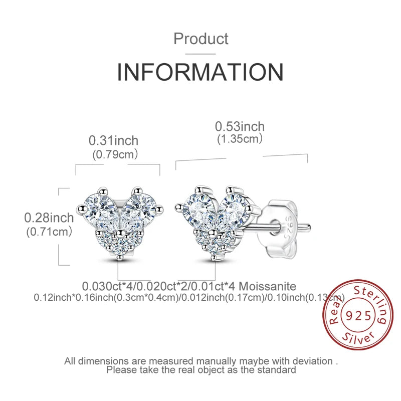 Moissanite Stud Earrings 100% Real 925 Sterling Silver Six Claw Earrings for Women Lady Girls Sparkling Classic Wedding Earring
