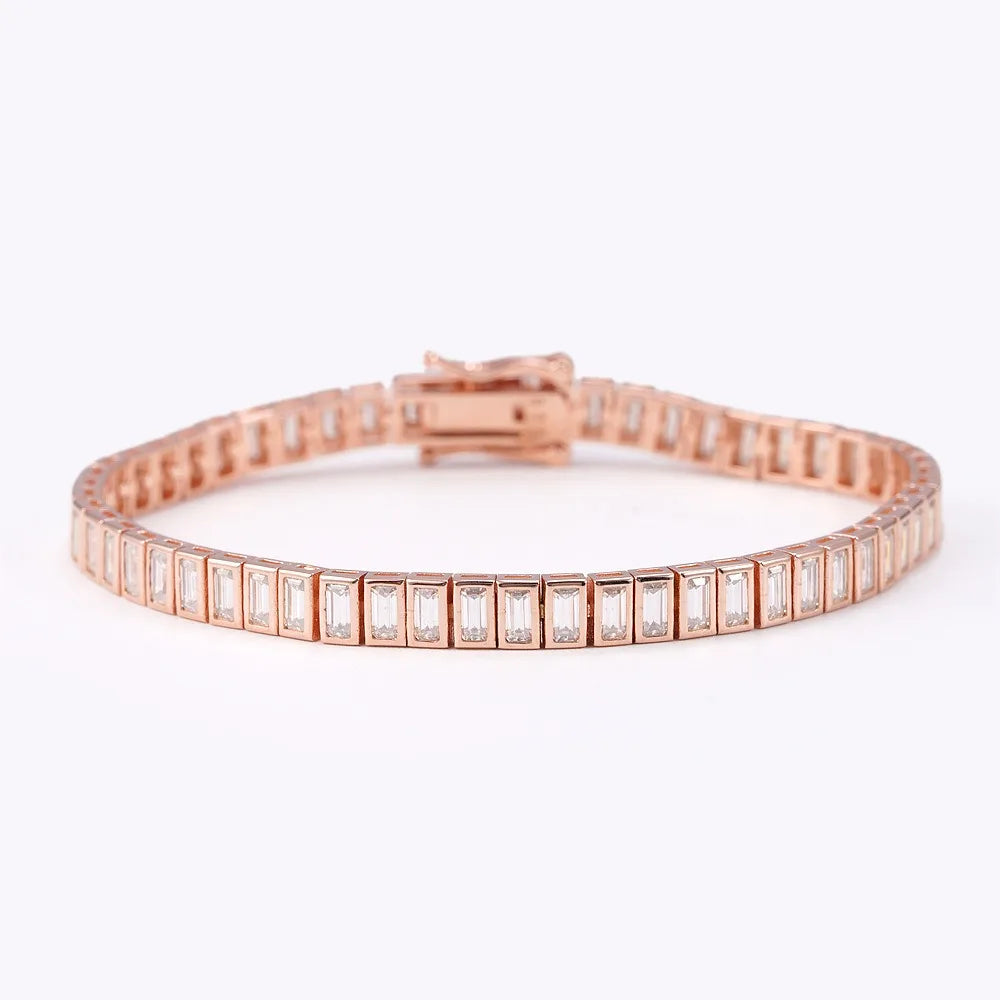 2x4mm Emerald Cut Moissanite Chain Bracelet 925 Sterling Silver Plated White Gold Baguette Diamond Link Bracelets Pass Tester