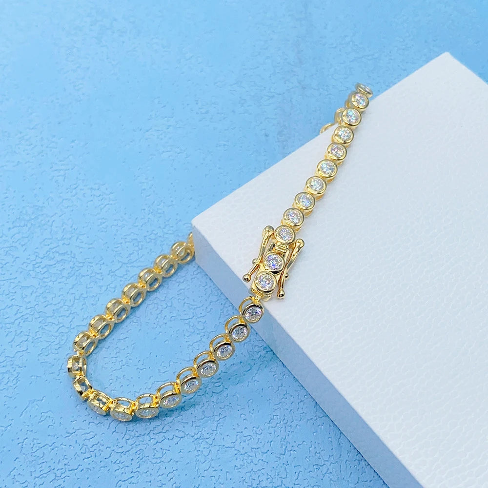 2mm Moissanite Tennis Bracelet for Woman Men 925 Sterling Silver Plated 18k Gold Hip Hop Chain Round Bubble Diamond Bracelets
