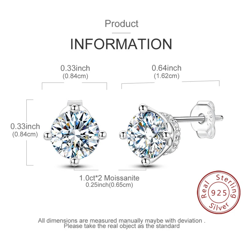 Moissanite Stud Earrings 100% Real 925 Sterling Silver Six Claw Earrings for Women Lady Girls Sparkling Classic Wedding Earring