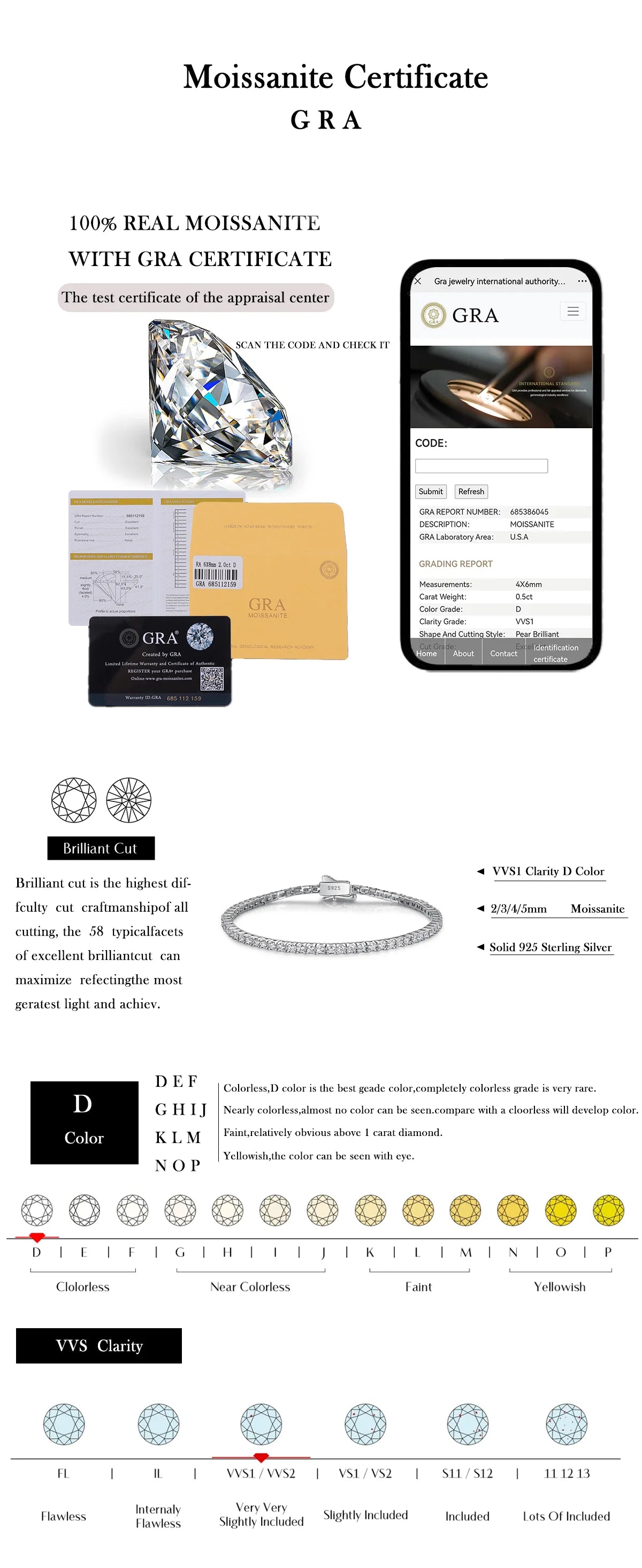 Moissanite Tennis Bracelet for Women 925 Sterling Silver Round Cut 2mm 3mm 4mm 5mm Size Options Elegant Fine Jewelry Gift