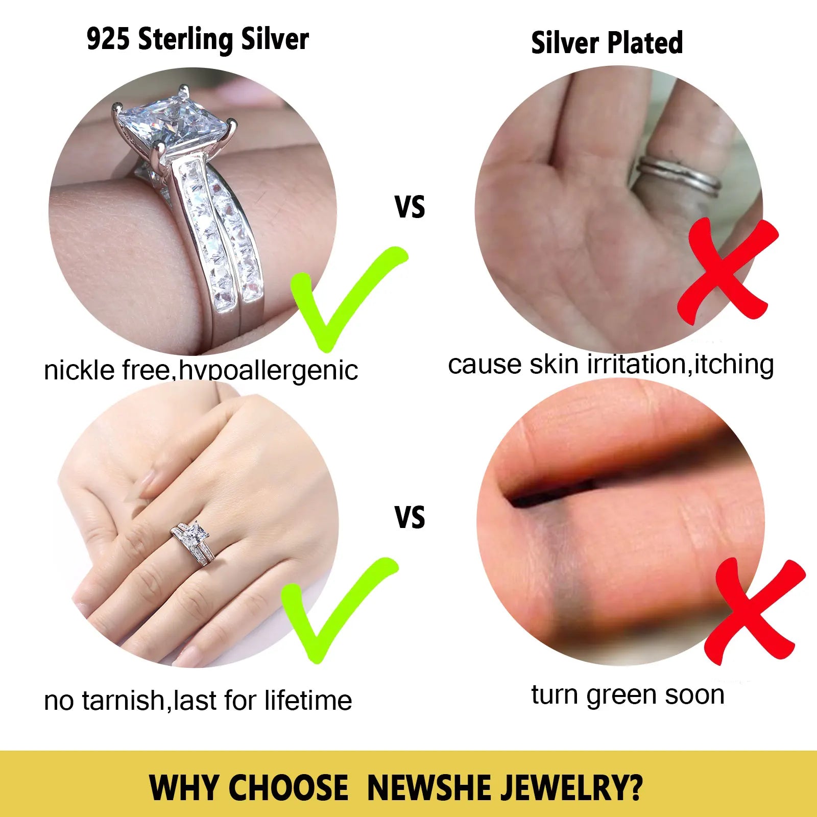 Newshe 2 Pieces Classic Wedding Rings Set for Women 7*7mm Princess Cut AAAAA Zircon 925 Sterling Silver Engagement Ring Jewelry