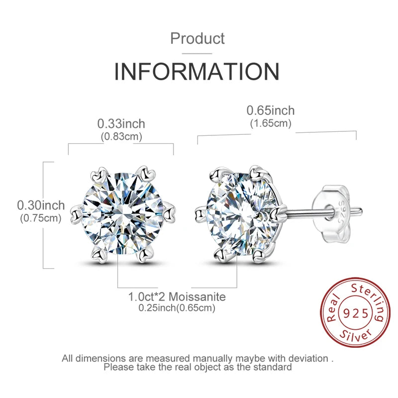 Moissanite Stud Earrings 100% Real 925 Sterling Silver Six Claw Earrings for Women Lady Girls Sparkling Classic Wedding Earring