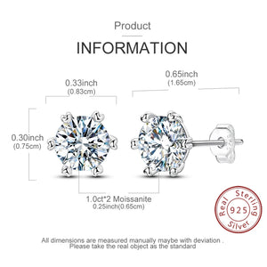 Moissanite Stud Earrings 100% Real 925 Sterling Silver Six Claw Earrings for Women Lady Girls Sparkling Classic Wedding Earring