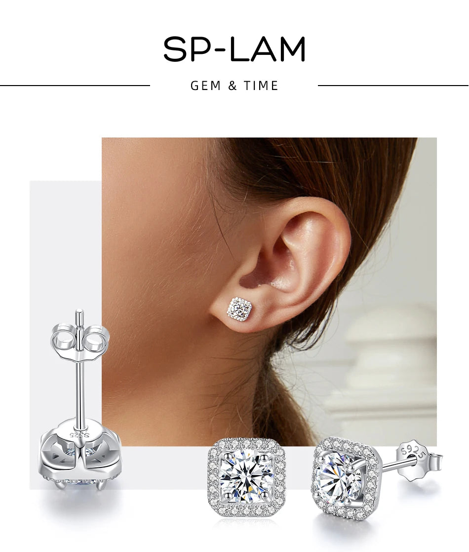Moissanite Diamond Unusual Square Halo Stud Earrings For Women Certified 925 Sterling Silver Trendy Fine Anniversary Jewelry