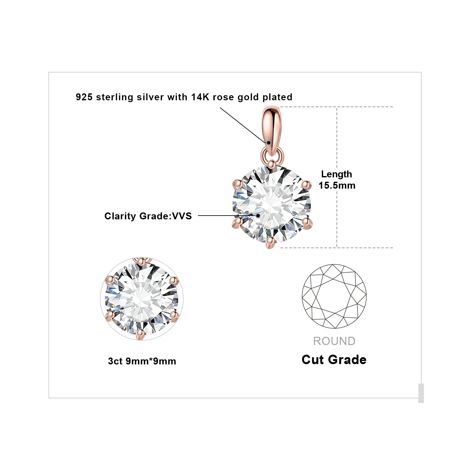 JewelryPalace Moissanite D Color 1ct 1.5ct 2ct 3ct Round 925 Sterling Silver Pendant Necklace for Woman No Chain