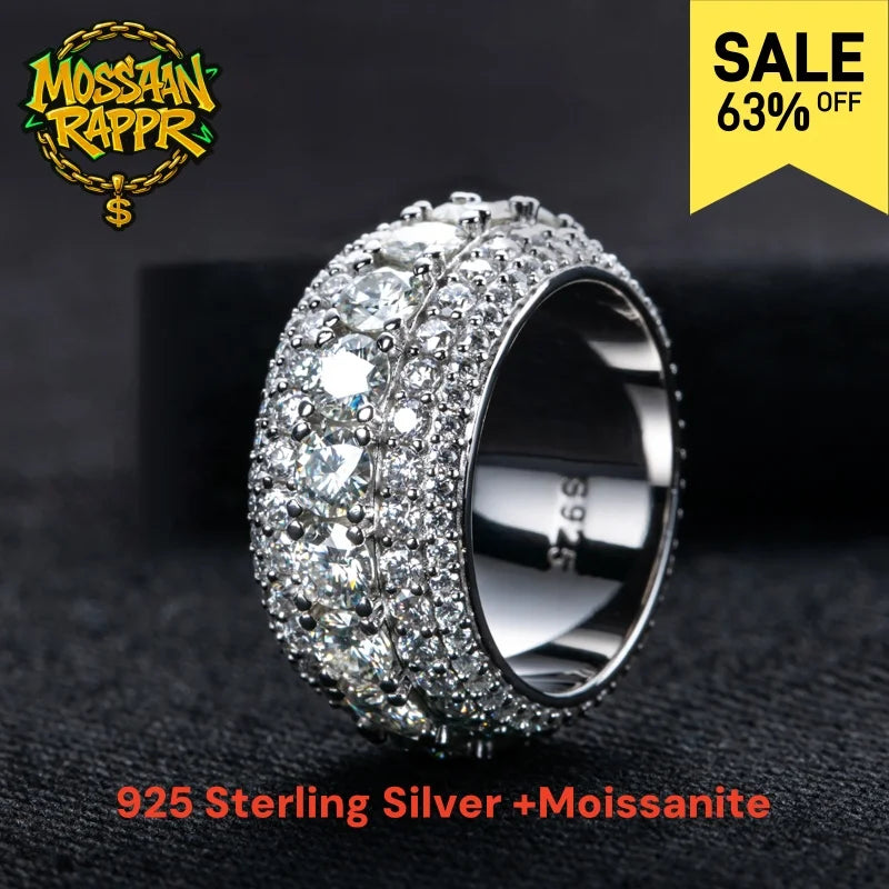 MossanRappr 8.46cttw Moissanite Iced out Diamond Ring 925 Sterling Silver High Quality and Fashion Jewelry for Men's Party Wear