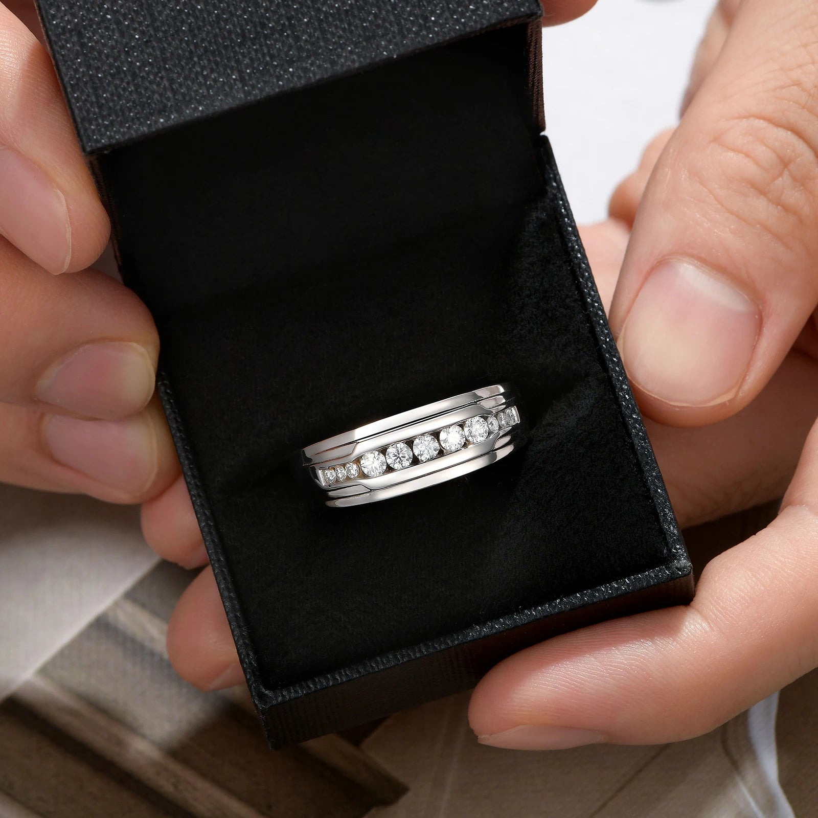 Newshe Full Moissanite Wedding Band for Men 925 Sterling Silver Engagement Rings Pave Round Eternity Promise Ring Size 7-13