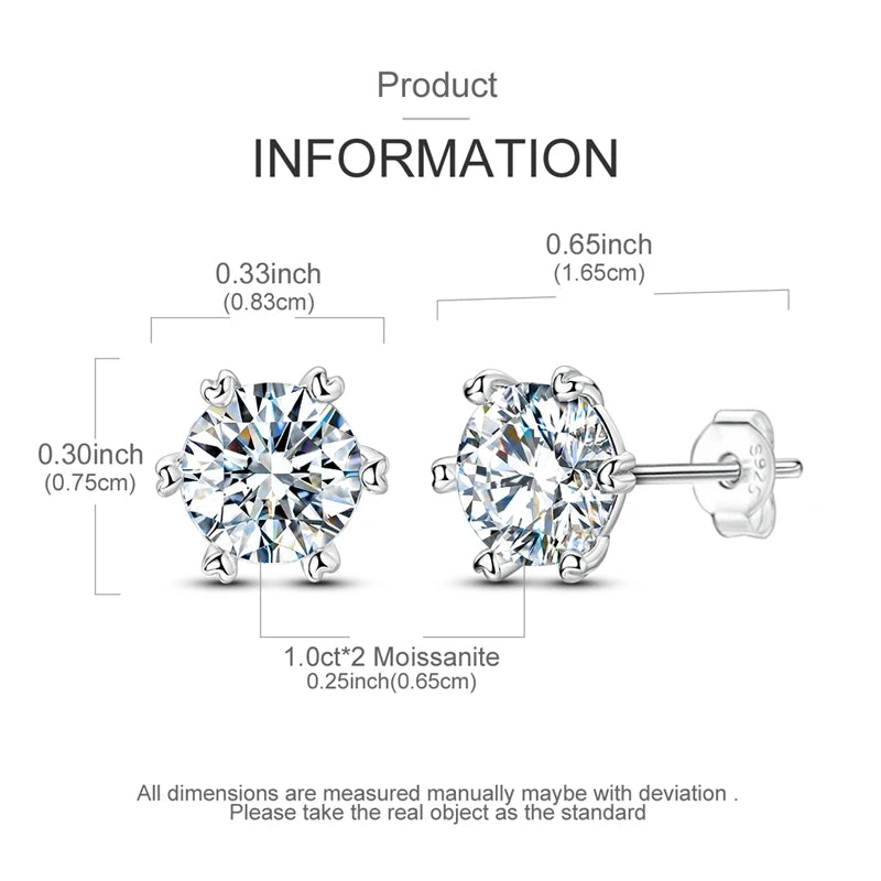 Moissanite Stud Earrings 100% Real 925 Sterling Silver Six Claw Earrings for Women Lady Girls Sparkling Classic Wedding Earring