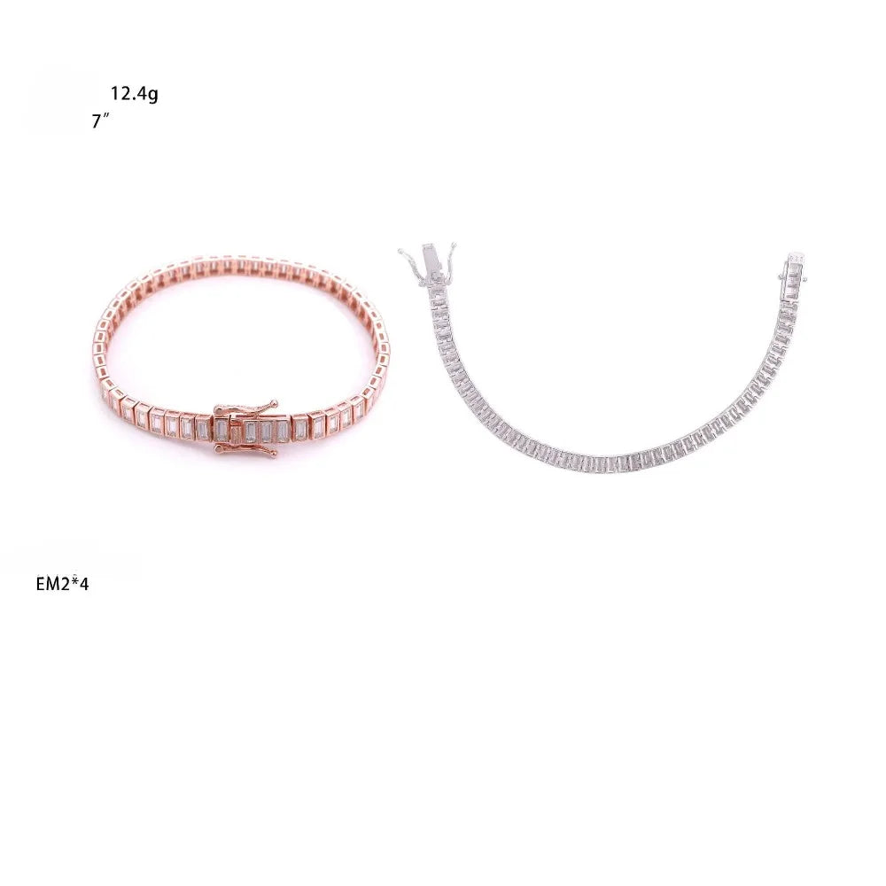 2x4mm Emerald Cut Moissanite Chain Bracelet 925 Sterling Silver Plated White Gold Baguette Diamond Link Bracelets Pass Tester