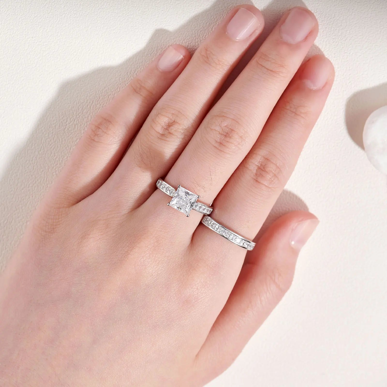 Newshe 2 Pieces Classic Wedding Rings Set for Women 7*7mm Princess Cut AAAAA Zircon 925 Sterling Silver Engagement Ring Jewelry