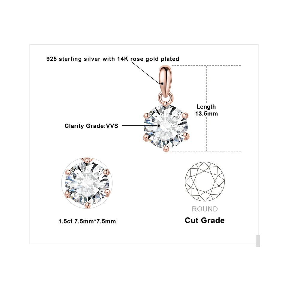 JewelryPalace Moissanite D Color 1ct 1.5ct 2ct 3ct Round 925 Sterling Silver Pendant Necklace for Woman No Chain