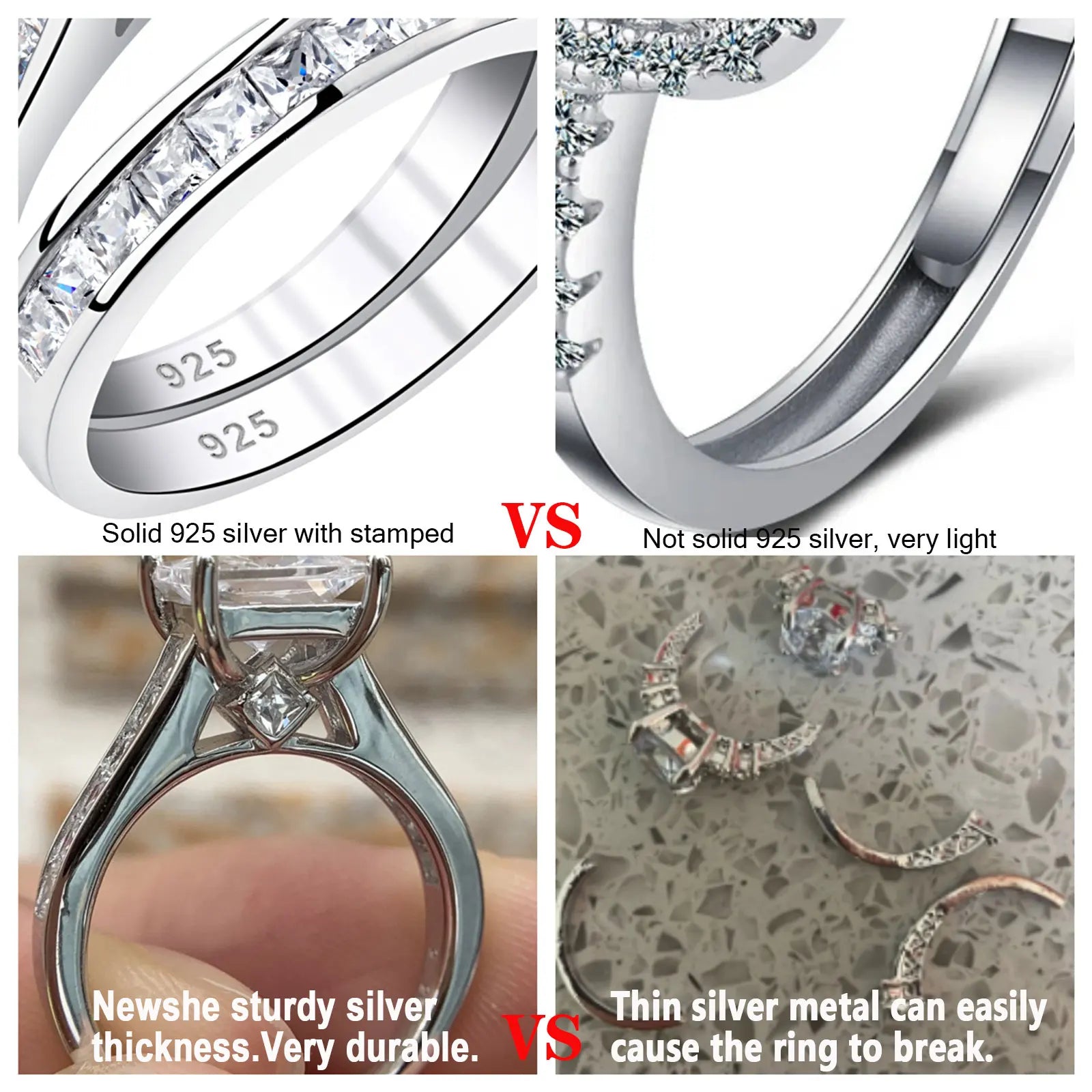 Newshe 2 Pieces Classic Wedding Rings Set for Women 7*7mm Princess Cut AAAAA Zircon 925 Sterling Silver Engagement Ring Jewelry