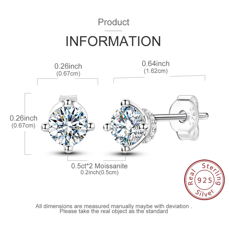 Moissanite Stud Earrings 100% Real 925 Sterling Silver Six Claw Earrings for Women Lady Girls Sparkling Classic Wedding Earring