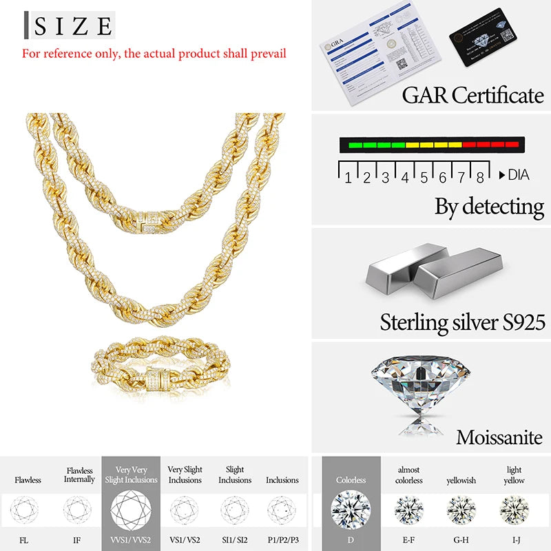 High Quality Rope Chain Man Moissanite Necklace S925 Silver For Men's Hip Hop Jewelry