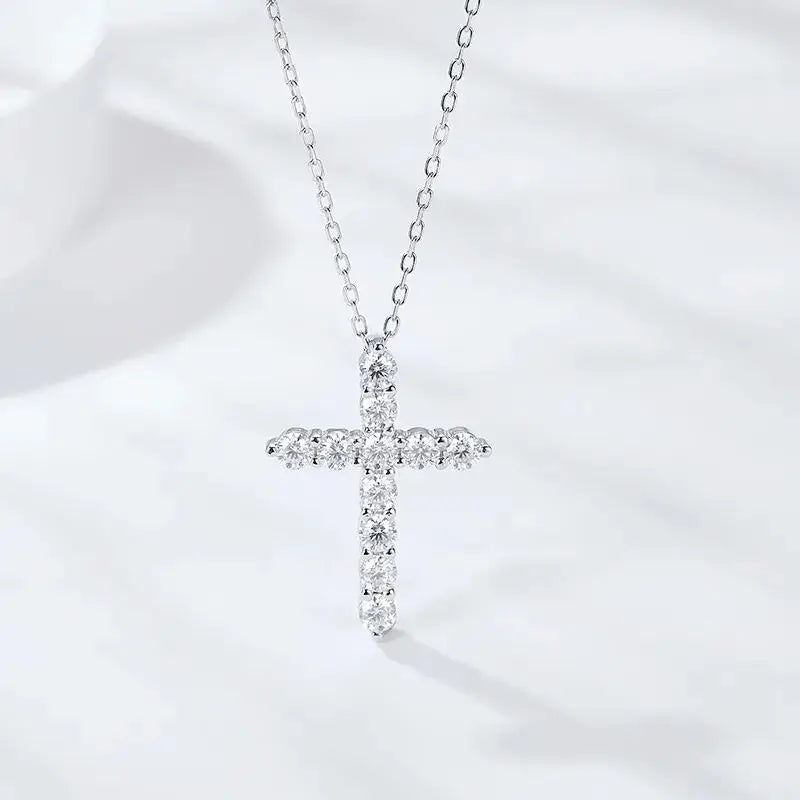 Full Moissanite Cross Pendant Necklace Original 925 Sterling Sliver Chain Plated 18k White Gold Fine Necklace for Women Jewelry