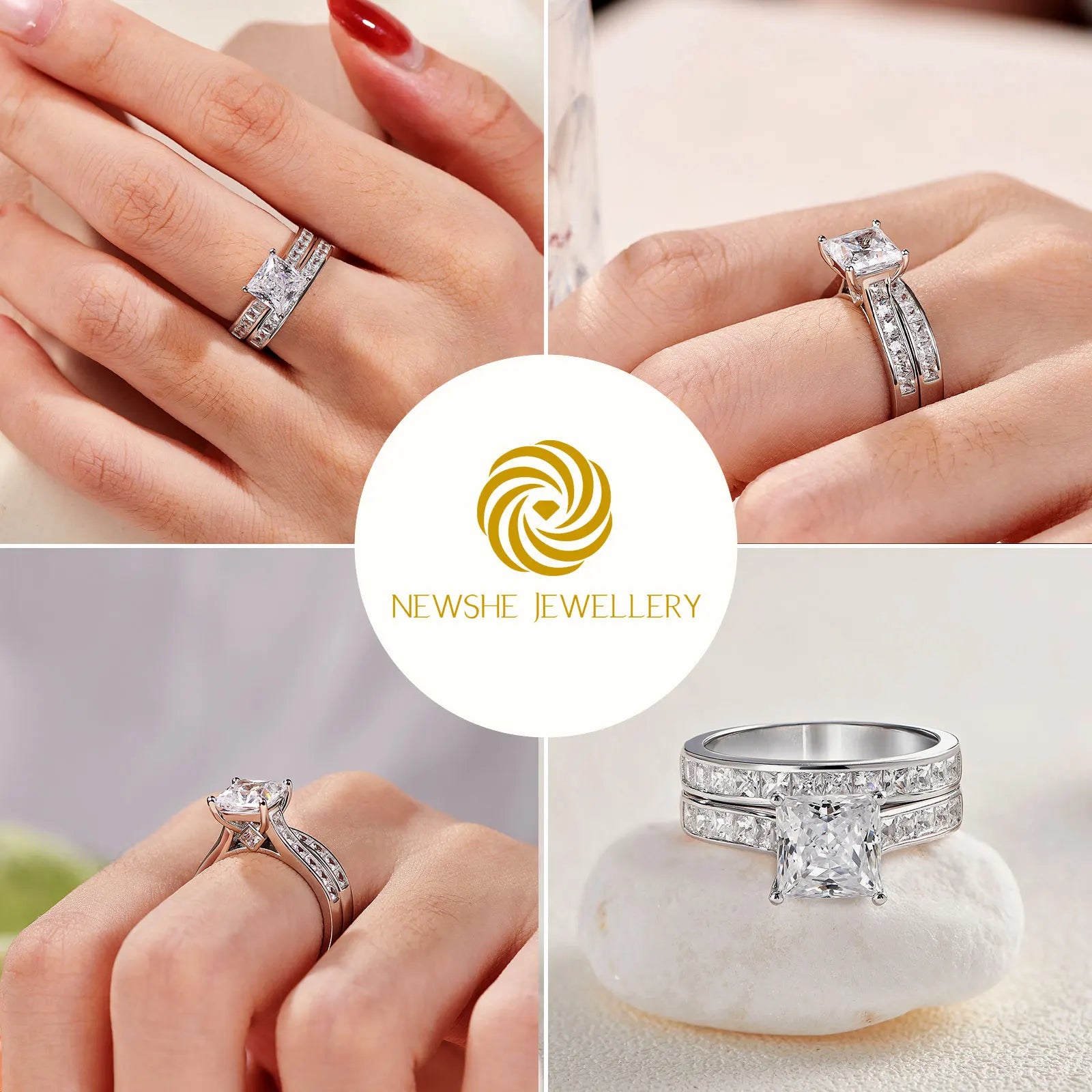 Newshe 2 Pieces Classic Wedding Rings Set for Women 7*7mm Princess Cut AAAAA Zircon 925 Sterling Silver Engagement Ring Jewelry