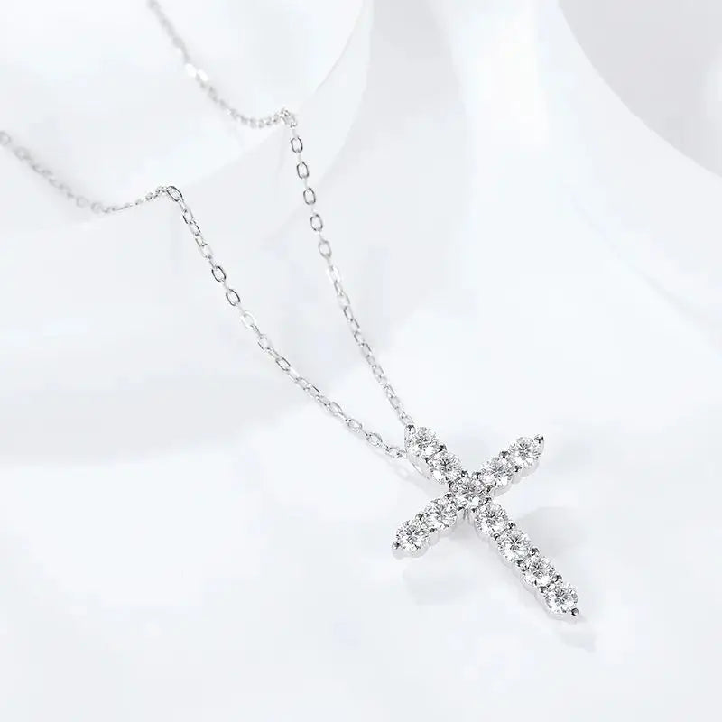 Full Moissanite Cross Pendant Necklace Original 925 Sterling Sliver Chain Plated 18k White Gold Fine Necklace for Women Jewelry