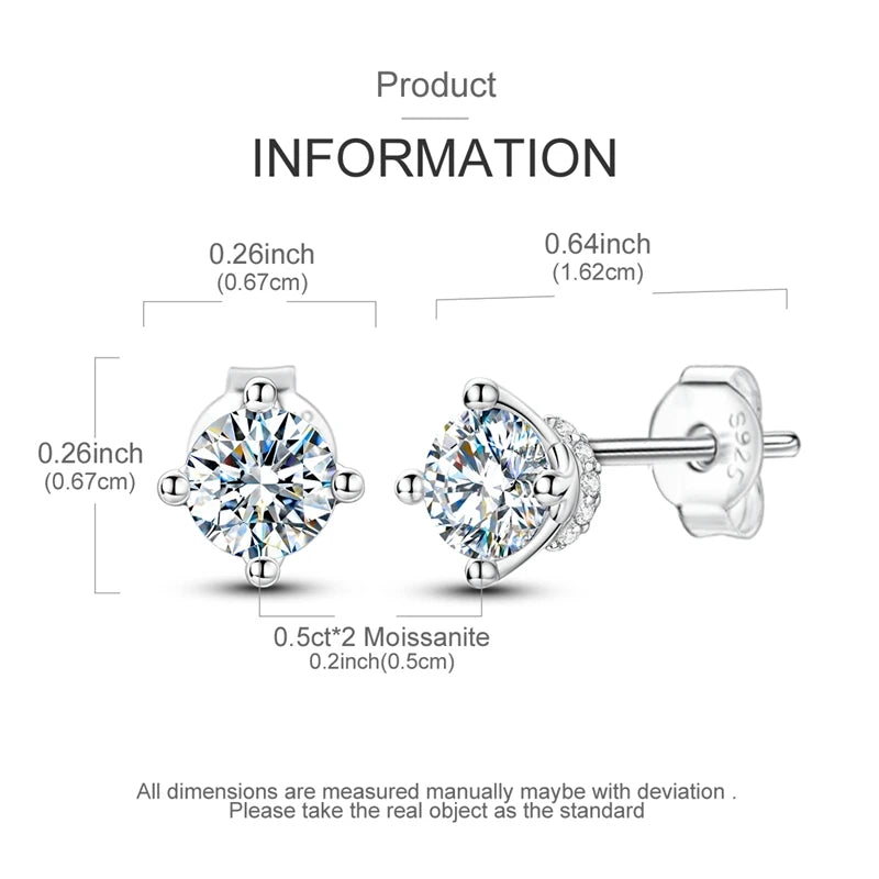 Moissanite Stud Earrings 100% Real 925 Sterling Silver Six Claw Earrings for Women Lady Girls Sparkling Classic Wedding Earring