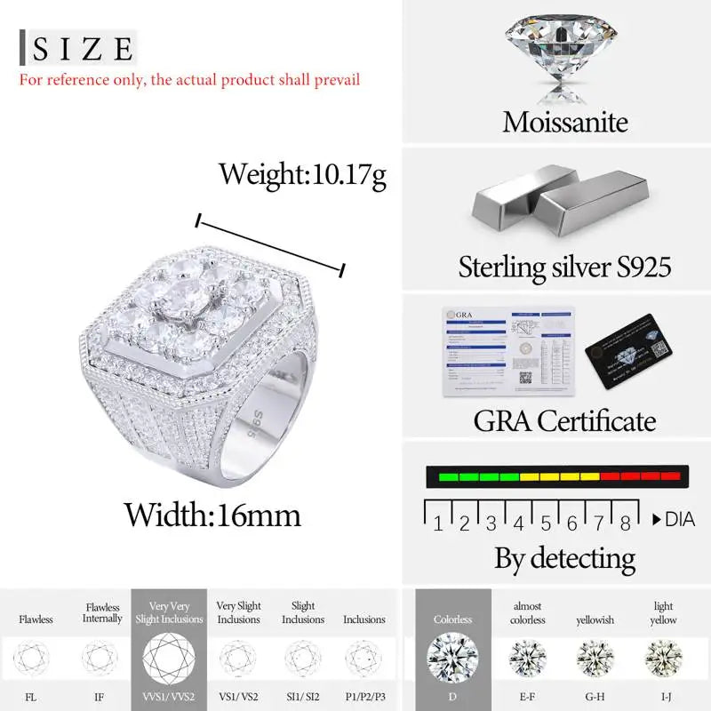 Moissanite Finger Rings Men Certificate Square Couple Ring For Women Luxury 925 Sterling Silver High Quality Hip Hop Jewelry