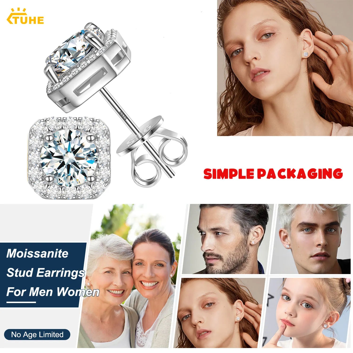 TUHE Unisex GRA Certified Moissanite Earrings 925 Silver Fine Jewelry Moissanite Earring For Women Jewelry Gift