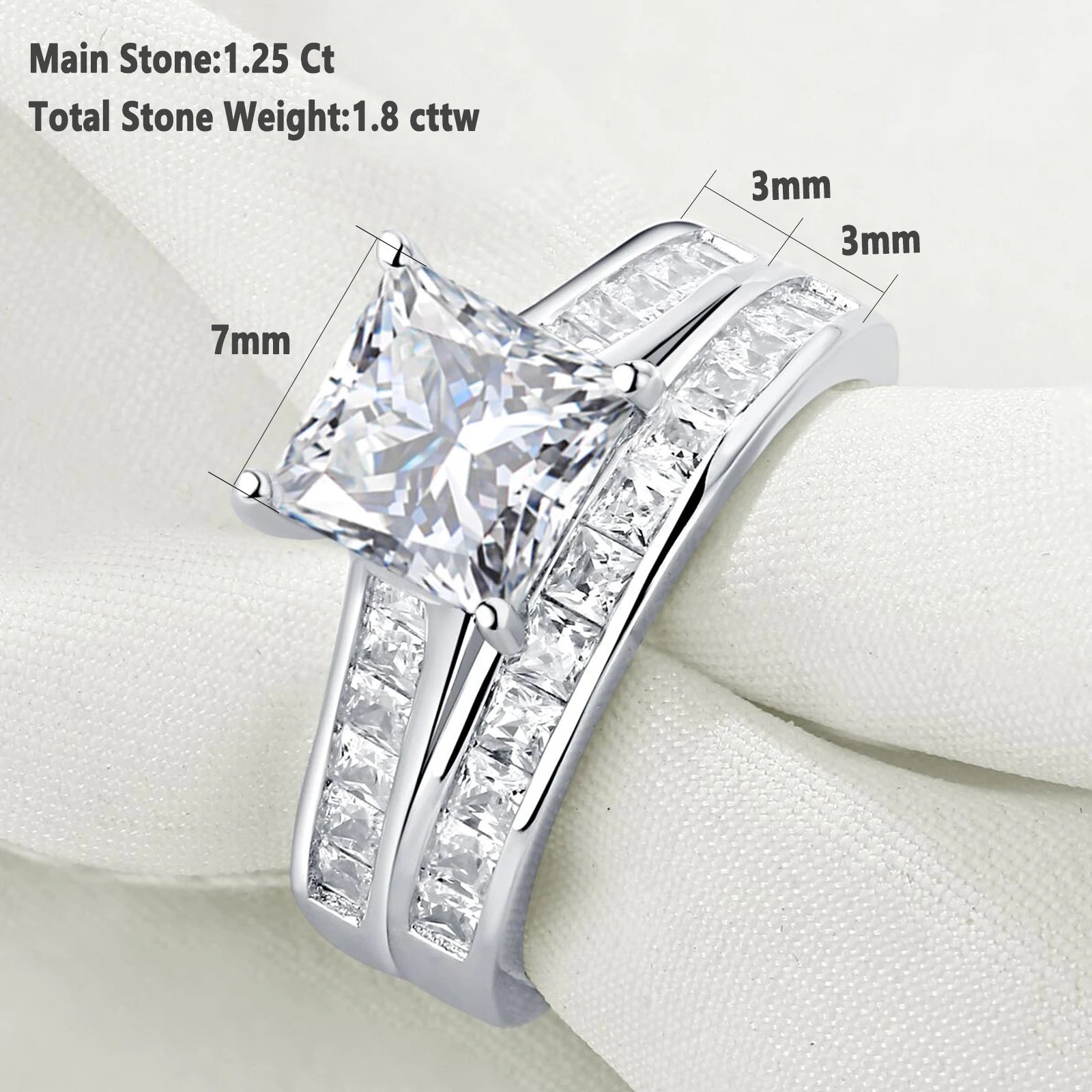 Newshe 2 Pieces Classic Wedding Rings Set for Women 7*7mm Princess Cut AAAAA Zircon 925 Sterling Silver Engagement Ring Jewelry