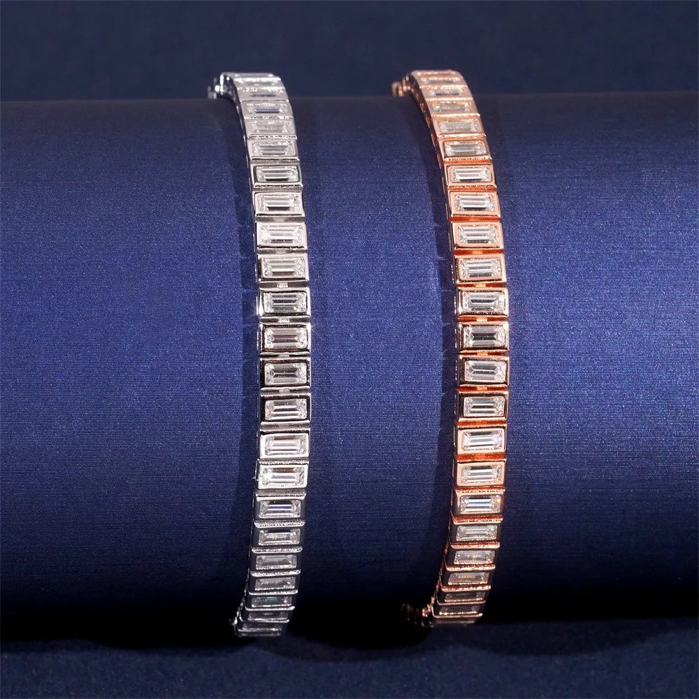 2x4mm Emerald Cut Moissanite Chain Bracelet 925 Sterling Silver Plated White Gold Baguette Diamond Link Bracelets Pass Tester