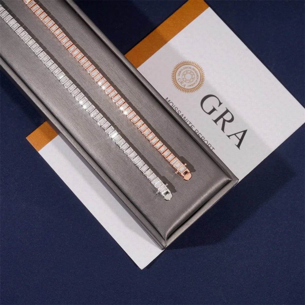 2x4mm Emerald Cut Moissanite Chain Bracelet 925 Sterling Silver Plated White Gold Baguette Diamond Link Bracelets Pass Tester