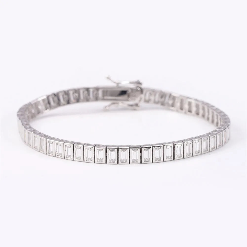 2x4mm Emerald Cut Moissanite Chain Bracelet 925 Sterling Silver Plated White Gold Baguette Diamond Link Bracelets Pass Tester