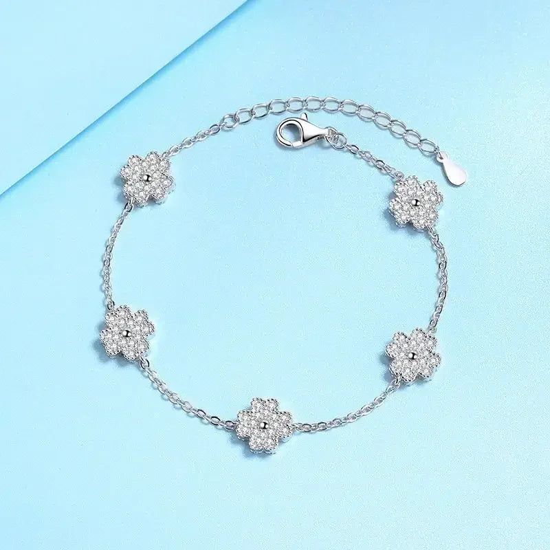 Moissanite bracelet 925 sterling silver women's light luxury versatile style chain five-flower four-leaf clover micro-inlay