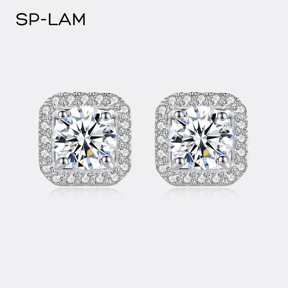 Moissanite Diamond Unusual Square Halo Stud Earrings For Women Certified 925 Sterling Silver Trendy Fine Anniversary Jewelry