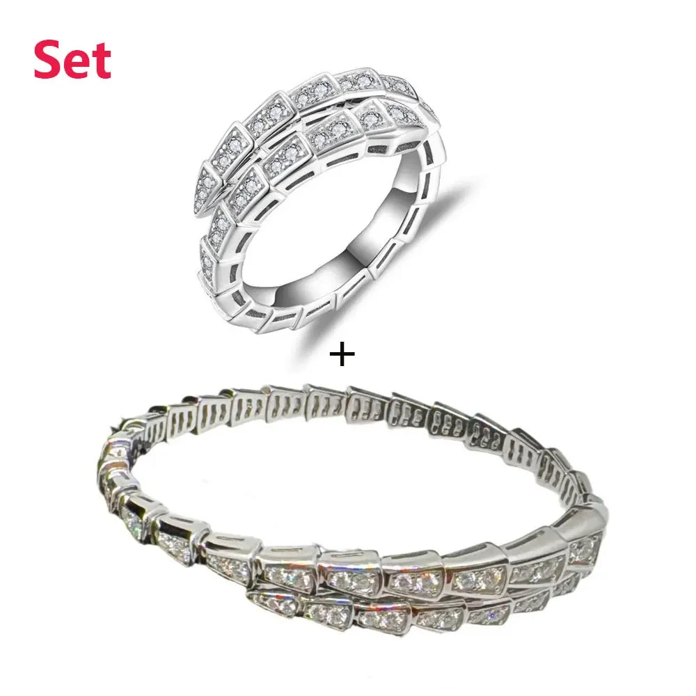 M-JAJA Moissanite Snake Bracelets Diamond Snake Wedding Ring for Women Adjustable 925 Sterling Silver Bangle Luxury Jewelry Set
