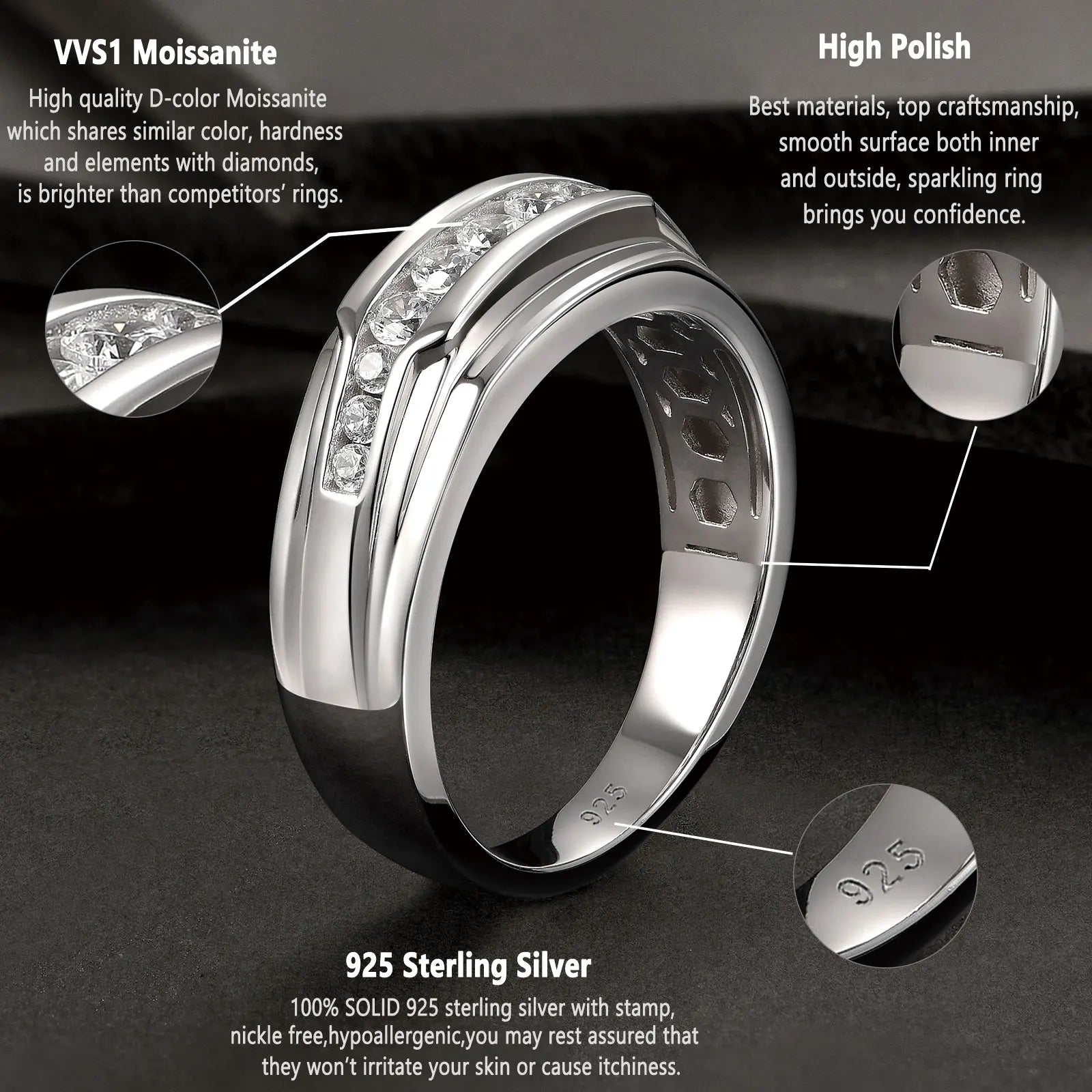 Newshe Full Moissanite Wedding Band for Men 925 Sterling Silver Engagement Rings Pave Round Eternity Promise Ring Size 7-13