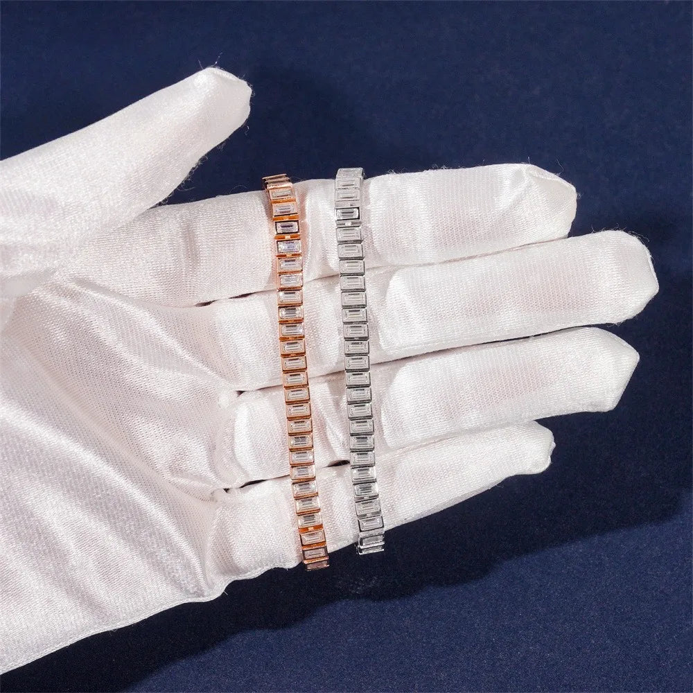 2x4mm Emerald Cut Moissanite Chain Bracelet 925 Sterling Silver Plated White Gold Baguette Diamond Link Bracelets Pass Tester