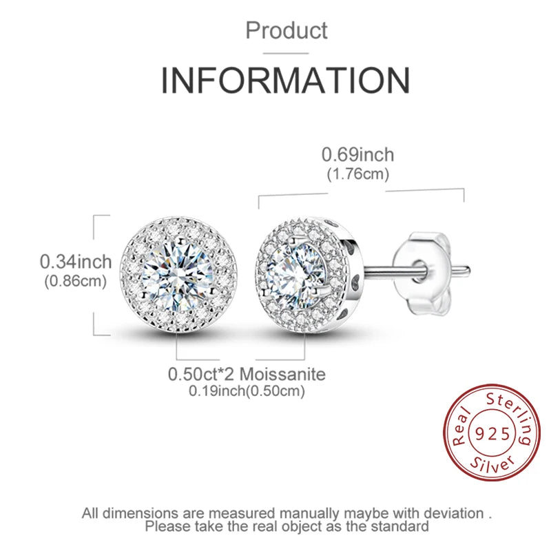 Moissanite Stud Earrings 100% Real 925 Sterling Silver Six Claw Earrings for Women Lady Girls Sparkling Classic Wedding Earring