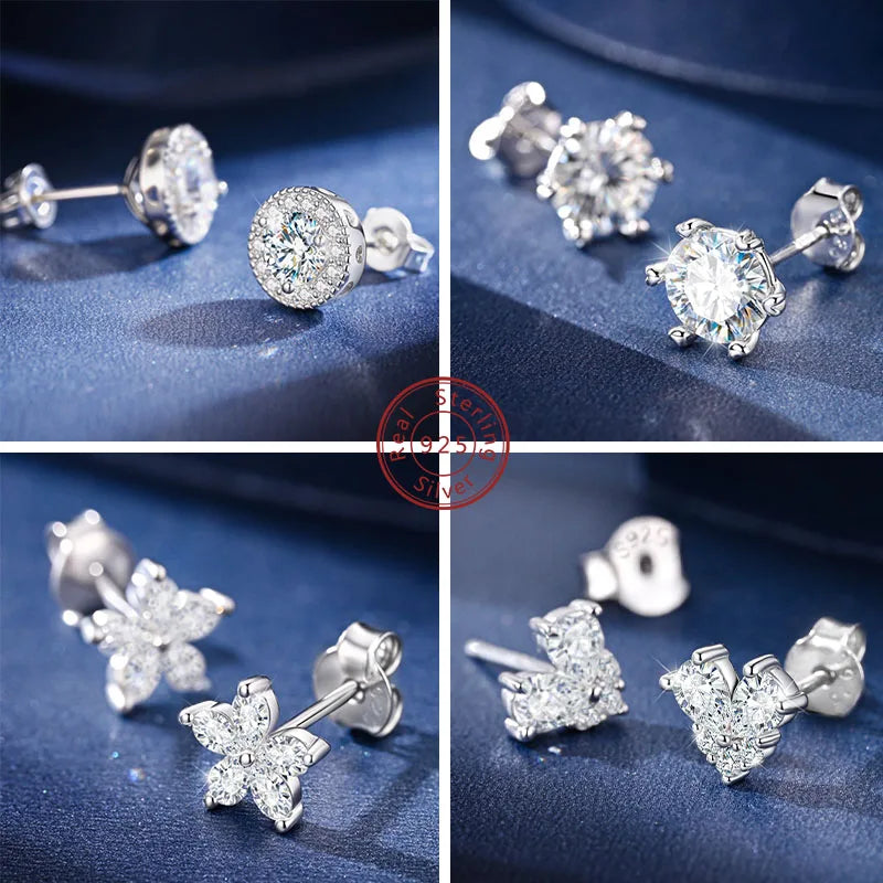 Moissanite Stud Earrings 100% Real 925 Sterling Silver Six Claw Earrings for Women Lady Girls Sparkling Classic Wedding Earring