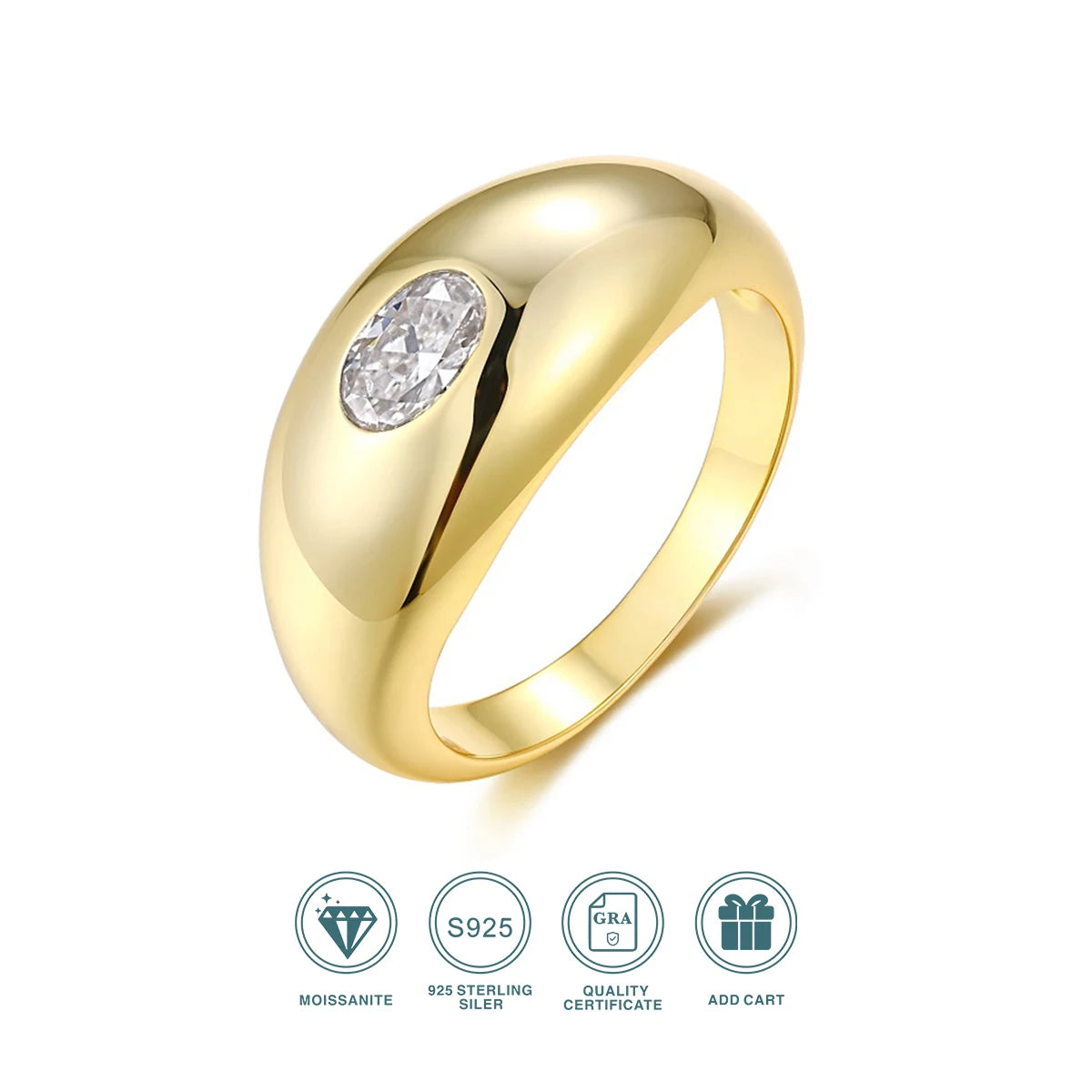 JIUZUAN Christmas Gift Moissanite Ring, 18K Gold Plated S925 Silver, Unique Oval Design, Hypoallergenic Jewelry for Women